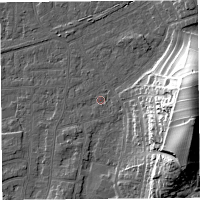 Shaded relief map of the ground around LA46SN, computed from Environment Agency LiDAR. The ground here sits at about 5 m above sea level and falls 36 m across the surrounding 800 m. Surface water reaching this point runs off ground lying to the east-south-east, 36.3 m higher.