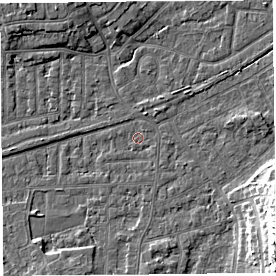 Shaded relief map of the ground around LA46SP, computed from Environment Agency LiDAR. The ground here sits at about 5 m above sea level and falls 15 m across the surrounding 800 m. Surface water reaching this point runs off ground lying to the north-north-west, 1.2 m higher.