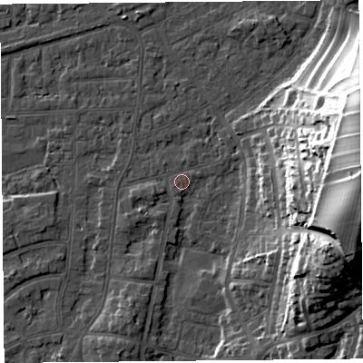 Shaded relief map of the ground around LA46SQ, computed from Environment Agency LiDAR. The ground here sits at about 6 m above sea level and falls 35 m across the surrounding 800 m. Surface water reaching this point runs off ground lying to the east, 33.9 m higher.