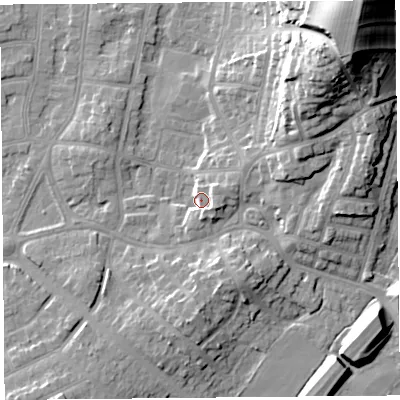 Shaded relief map of the ground around LA46ST, computed from Environment Agency LiDAR. The ground here sits at about 8 m above sea level and falls 33 m across the surrounding 800 m. Surface water reaching this point runs off ground lying to the east-south-east, 4.7 m higher.