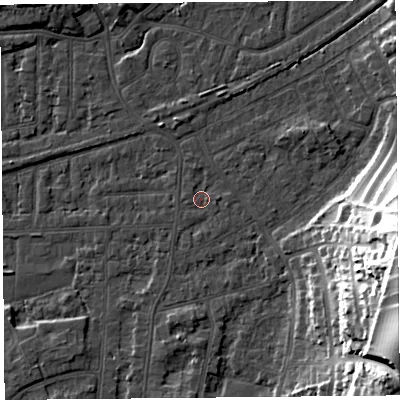 Shaded relief map of the ground around LA46SW, computed from Environment Agency LiDAR. The ground here sits at about 5 m above sea level and falls 28 m across the surrounding 800 m. Surface water reaching this point runs off ground lying to the north, 0.9 m higher.