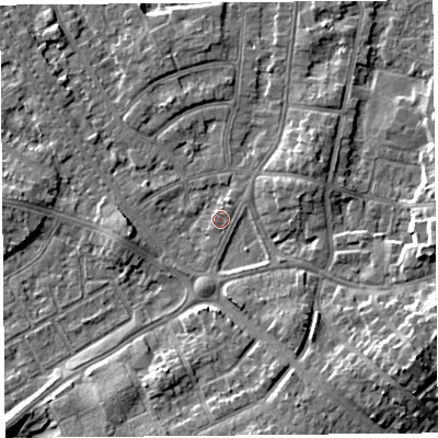 Shaded relief map of the ground around LA46SX, computed from Environment Agency LiDAR. The ground here sits at about 6 m above sea level and falls 8 m across the surrounding 800 m. Surface water reaching this point runs off ground lying to the south-south-west, 1.8 m higher.