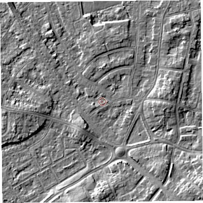 Shaded relief map of the ground around LA46SY, computed from Environment Agency LiDAR. The ground here sits at about 5 m above sea level and falls 7 m across the surrounding 800 m. Surface water reaching this point runs off ground lying to the east, 3.6 m higher.