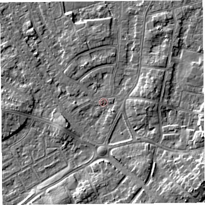 Shaded relief map of the ground around LA46SZ, computed from Environment Agency LiDAR. The ground here sits at about 5 m above sea level and falls 8 m across the surrounding 800 m. Surface water reaching this point runs off ground lying to the east, 3.1 m higher.