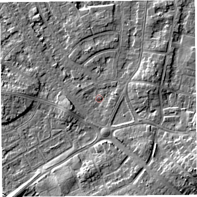 Shaded relief map of the ground around LA46TA, computed from Environment Agency LiDAR. The ground here sits at about 5 m above sea level and falls 8 m across the surrounding 800 m. Surface water reaching this point runs off ground lying to the east, 3.1 m higher.