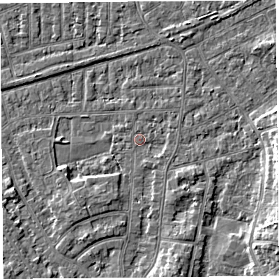 Shaded relief map of the ground around LA46TB, computed from Environment Agency LiDAR. The ground here sits at about 5 m above sea level and falls 6 m across the surrounding 800 m. Surface water reaching this point runs off ground lying to the south-east, 1.3 m higher.