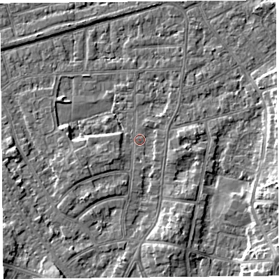 Shaded relief map of the ground around LA46TD, computed from Environment Agency LiDAR. The ground here sits at about 5 m above sea level and falls 6 m across the surrounding 800 m. Surface water reaching this point runs off ground lying to the south-west, 2.1 m higher.