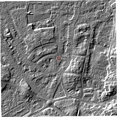 Shaded relief map of the ground around LA46TE, computed from Environment Agency LiDAR. The ground here sits at about 5 m above sea level and falls 8 m across the surrounding 800 m. Surface water reaching this point runs off ground lying to the east-south-east, 3.6 m higher.