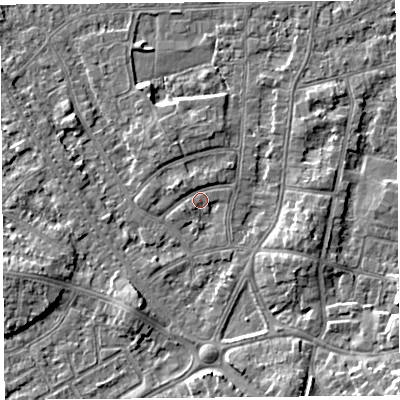 Shaded relief map of the ground around LA46TF, computed from Environment Agency LiDAR. The ground here sits at about 6 m above sea level and falls 6 m across the surrounding 800 m. Surface water reaching this point runs off ground lying to the west-south-west, 1.4 m higher.