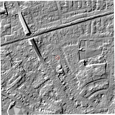 Shaded relief map of the ground around LA46TG, computed from Environment Agency LiDAR. The ground here sits at about 5 m above sea level and falls 7 m across the surrounding 800 m. Surface water reaching this point runs off ground lying to the south-west, 1.3 m higher.