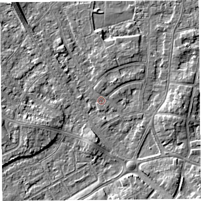Shaded relief map of the ground around LA46TH, computed from Environment Agency LiDAR. The ground here sits at about 5 m above sea level and falls 6 m across the surrounding 800 m. Surface water reaching this point runs off ground lying to the east, 3.6 m higher.