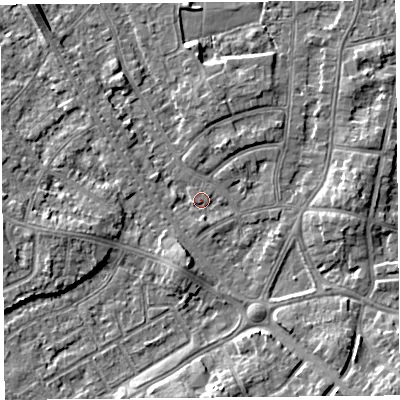 Shaded relief map of the ground around LA46TJ, computed from Environment Agency LiDAR. The ground here sits at about 6 m above sea level and falls 6 m across the surrounding 800 m. Surface water reaching this point runs off ground lying to the east, 3.6 m higher.