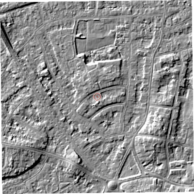 Shaded relief map of the ground around LA46TL, computed from Environment Agency LiDAR. The ground here sits at about 6 m above sea level and falls 6 m across the surrounding 800 m. Surface water reaching this point runs off ground lying to the south, 1.2 m higher.