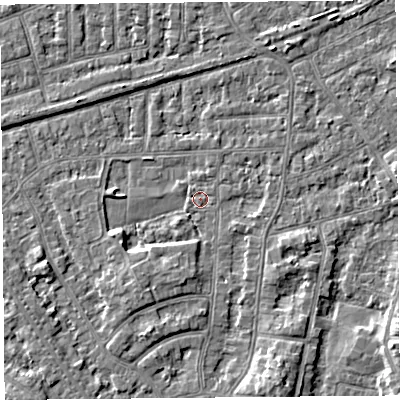 Shaded relief map of the ground around LA46TN, computed from Environment Agency LiDAR. The ground here sits at about 5 m above sea level and falls 4 m across the surrounding 800 m. Surface water reaching this point runs off ground lying to the north-north-west, 0.5 m higher.