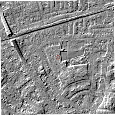 Shaded relief map of the ground around LA46TP, computed from Environment Agency LiDAR. The ground here sits at about 6 m above sea level and falls 7 m across the surrounding 800 m. Surface water reaching this point runs off ground lying to the south-east, 2.7 m higher.