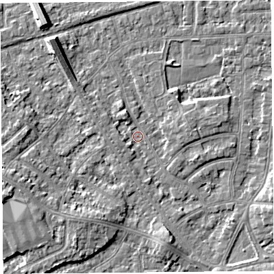 Shaded relief map of the ground around LA46TQ, computed from Environment Agency LiDAR. The ground here sits at about 5 m above sea level and falls 7 m across the surrounding 800 m. Surface water reaching this point runs off ground lying to the east-south-east, 3.0 m higher.