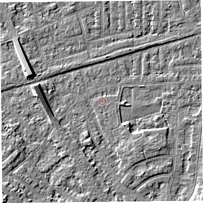 Shaded relief map of the ground around LA46TR, computed from Environment Agency LiDAR. The ground here sits at about 5 m above sea level and falls 7 m across the surrounding 800 m. Surface water reaching this point runs off ground lying to the east-south-east, 1.2 m higher.