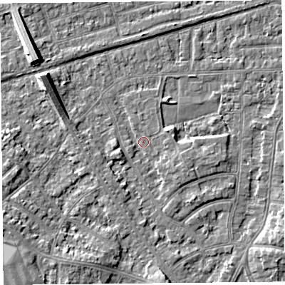 Shaded relief map of the ground around LA46TS, computed from Environment Agency LiDAR. The ground here sits at about 5 m above sea level and falls 7 m across the surrounding 800 m. Surface water reaching this point runs off ground lying to the east, 2.2 m higher.