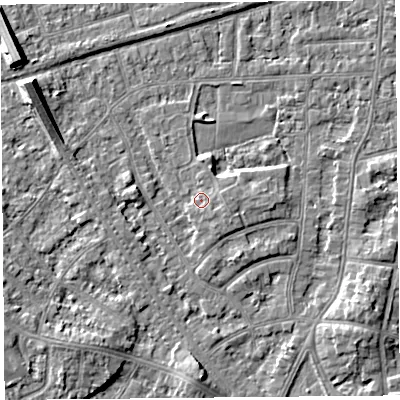 Shaded relief map of the ground around LA46TT, computed from Environment Agency LiDAR. The ground here sits at about 6 m above sea level and falls 7 m across the surrounding 800 m. Surface water reaching this point runs off ground lying to the east, 1.4 m higher.