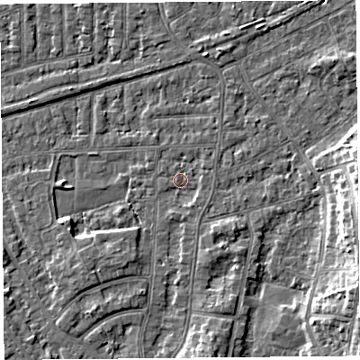 Shaded relief map of the ground around LA46TU, computed from Environment Agency LiDAR. The ground here sits at about 5 m above sea level and falls 8 m across the surrounding 800 m. Surface water reaching this point runs off ground lying to the south-south-east, 1.3 m higher.