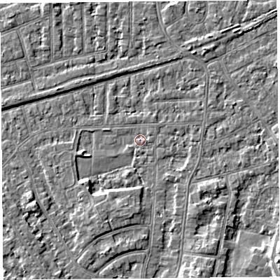 Shaded relief map of the ground around LA46TX, computed from Environment Agency LiDAR. The ground here sits at about 5 m above sea level and falls 4 m across the surrounding 800 m. Surface water reaching this point runs off ground lying to the south-east, 1.3 m higher.
