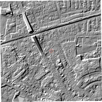 Shaded relief map of the ground around LA46TY, computed from Environment Agency LiDAR. The ground here sits at about 5 m above sea level and falls 7 m across the surrounding 800 m. Surface water reaching this point runs off ground lying to the north-west, 6.4 m higher.