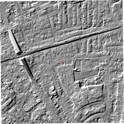 Shaded relief map of the ground around LA46TZ, computed from Environment Agency LiDAR. The ground here sits at about 5 m above sea level and falls 7 m across the surrounding 800 m. Surface water reaching this point runs off ground lying to the south-east, 2.5 m higher.