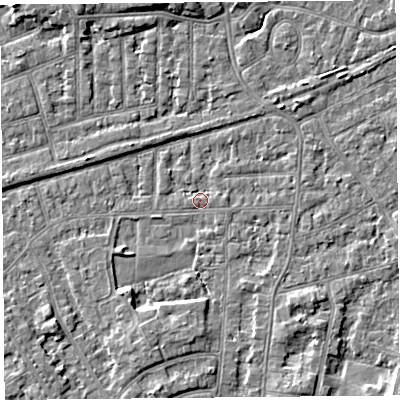 Shaded relief map of the ground around LA46UA, computed from Environment Agency LiDAR. The ground here sits at about 5 m above sea level and falls 4 m across the surrounding 800 m. Surface water reaching this point runs off ground lying to the north-north-east, 1.7 m higher.