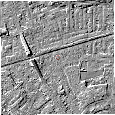 Shaded relief map of the ground around LA46UD, computed from Environment Agency LiDAR. The ground here sits at about 5 m above sea level and falls 7 m across the surrounding 800 m. Surface water reaching this point runs off ground lying to the west, 6.7 m higher.