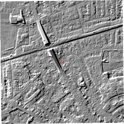 Shaded relief map of the ground around LA46UF, computed from Environment Agency LiDAR. The ground here sits at about 5 m above sea level and falls 7 m across the surrounding 800 m. Surface water reaching this point runs off ground lying to the north-west, 6.1 m higher.