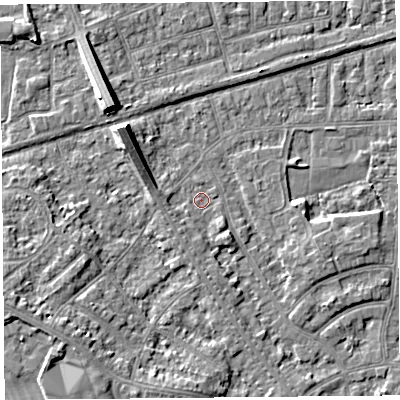 Shaded relief map of the ground around LA46UG, computed from Environment Agency LiDAR. The ground here sits at about 5 m above sea level and falls 7 m across the surrounding 800 m. Surface water reaching this point runs off ground lying to the south-west, 1.4 m higher.