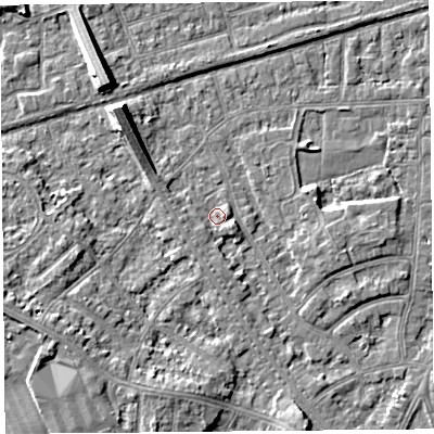 Shaded relief map of the ground around LA46UQ, computed from Environment Agency LiDAR. The ground here sits at about 6 m above sea level and falls 7 m across the surrounding 800 m. Surface water reaching this point runs off ground lying to the west, 1.2 m higher.
