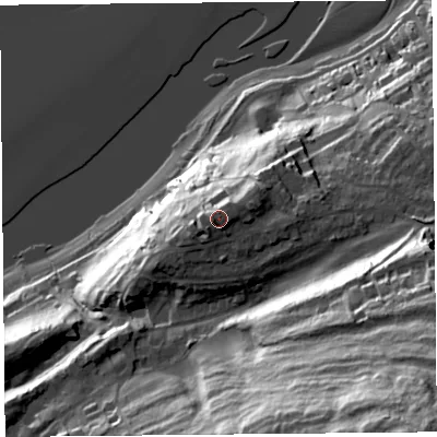 Shaded relief map of the ground around LA50AT, computed from Environment Agency LiDAR. The ground here sits at about 40 m above sea level and falls 88 m across the surrounding 800 m. Surface water reaching this point runs off ground lying to the west, 5.3 m higher.