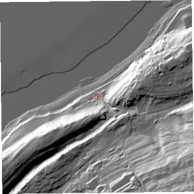 Shaded relief map of the ground around LA50AX, computed from Environment Agency LiDAR. The ground here sits at about 9 m above sea level and falls 74 m across the surrounding 800 m. Surface water reaching this point runs off ground lying to the south-east, 70.0 m higher.
