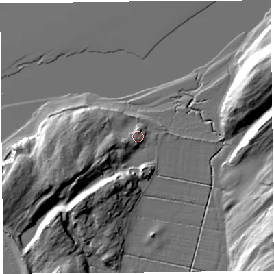 Shaded relief map of the ground around LA50BN, computed from Environment Agency LiDAR. The ground here sits at about 10 m above sea level and falls 32 m across the surrounding 800 m. Surface water reaching this point runs off ground lying to the west, 2.6 m higher.