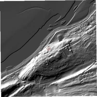 Shaded relief map of the ground around LA50BW, computed from Environment Agency LiDAR. The ground here sits at about 20 m above sea level and falls 74 m across the surrounding 800 m. Surface water reaching this point runs off ground lying to the south-south-east, 31.9 m higher.