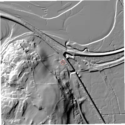 Shaded relief map of the ground around LA50HG, computed from Environment Agency LiDAR. The ground here sits at about 7 m above sea level and falls 34 m across the surrounding 800 m. Surface water reaching this point runs off ground lying to the south-south-west, 30.6 m higher.