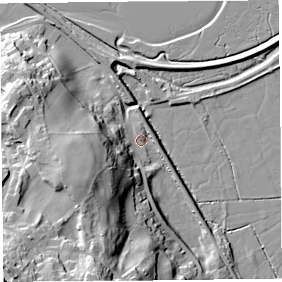 Shaded relief map of the ground around LA50HH, computed from Environment Agency LiDAR. The ground here sits at about 6 m above sea level and falls 58 m across the surrounding 800 m. Surface water reaching this point runs off ground lying to the south-south-west, 39.6 m higher.
