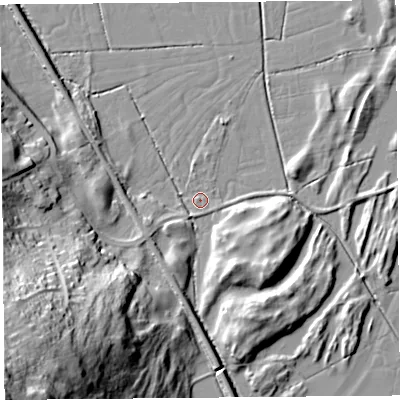 Shaded relief map of the ground around LA50JA, computed from Environment Agency LiDAR. The ground here sits at about 5 m above sea level and falls 54 m across the surrounding 800 m. Surface water reaching this point runs off ground lying to the south-south-east, 1.0 m higher.