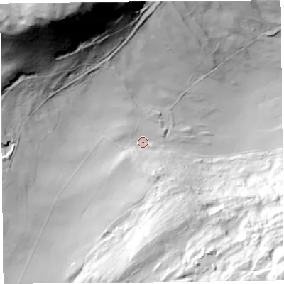 Shaded relief map of the ground around LA50SN, computed from Environment Agency LiDAR. The ground here sits at about 27 m above sea level and falls 149 m across the surrounding 800 m. Surface water reaching this point runs off ground lying to the north-west, 128.9 m higher.