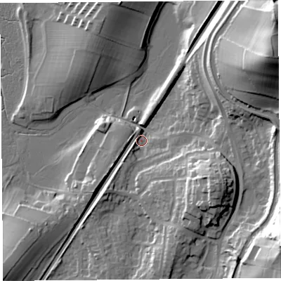 Shaded relief map of the ground around LA58EP, computed from Environment Agency LiDAR. The ground here sits at about 9 m above sea level and falls 40 m across the surrounding 800 m. Surface water reaching this point runs off ground lying to the east-south-east, 20.9 m higher.