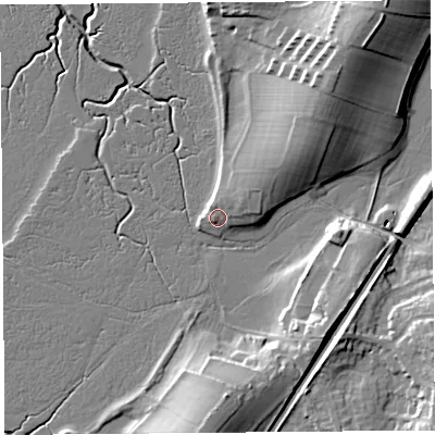 Shaded relief map of the ground around LA58ER, computed from Environment Agency LiDAR. The ground here sits at about 8 m above sea level and falls 18 m across the surrounding 800 m. Surface water reaching this point runs off ground lying to the north-east, 3.2 m higher.