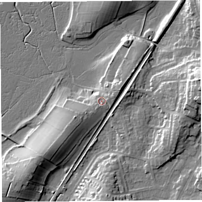 Shaded relief map of the ground around LA58ET, computed from Environment Agency LiDAR. The ground here sits at about 11 m above sea level and falls 23 m across the surrounding 800 m. Surface water reaching this point runs off ground lying to the south-south-west, 2.7 m higher.
