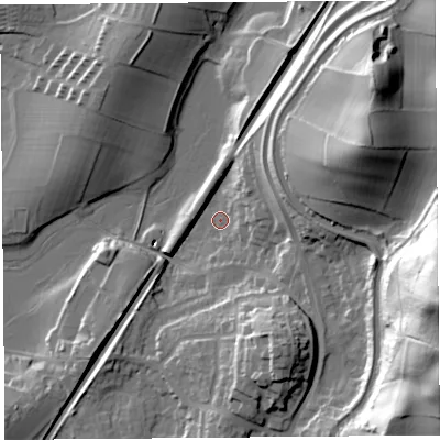 Shaded relief map of the ground around LA58EW, computed from Environment Agency LiDAR. The ground here sits at about 7 m above sea level and falls 58 m across the surrounding 800 m. Surface water reaching this point runs off ground lying to the east-south-east, 54.1 m higher.