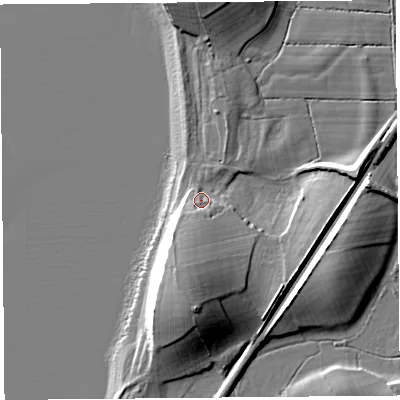 Shaded relief map of the ground around LA58JP, computed from Environment Agency LiDAR. The ground here sits at about 9 m above sea level and falls 18 m across the surrounding 800 m. Surface water reaching this point runs off ground lying to the south, 11.9 m higher.
