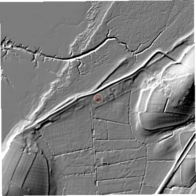 Shaded relief map of the ground around LA58JR, computed from Environment Agency LiDAR. The ground here sits at about 7 m above sea level and falls 19 m across the surrounding 800 m. Surface water reaching this point runs off ground lying to the north-east, 1.8 m higher.