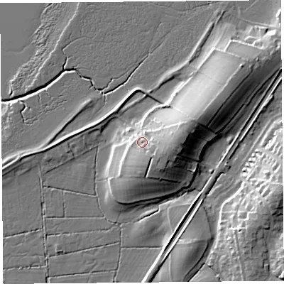 Shaded relief map of the ground around LA58JS, computed from Environment Agency LiDAR. The ground here sits at about 14 m above sea level and falls 20 m across the surrounding 800 m. Surface water reaching this point runs off ground lying to the east-south-east, 6.7 m higher.