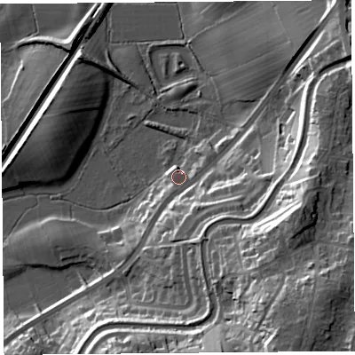 Shaded relief map of the ground around LA58JW, computed from Environment Agency LiDAR. The ground here sits at about 10 m above sea level and falls 35 m across the surrounding 800 m. Surface water reaching this point runs off ground lying to the south-south-west, 4.9 m higher.