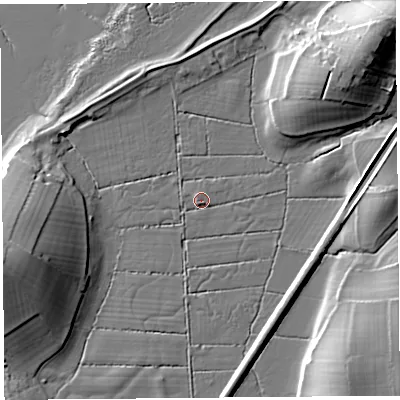 Shaded relief map of the ground around LA58LP, computed from Environment Agency LiDAR. The ground here sits at about 6 m above sea level and falls 18 m across the surrounding 800 m. Surface water reaching this point runs off ground lying to the west-south-west, 16.3 m higher.