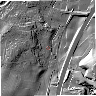 Shaded relief map of the ground around LA59AL, computed from Environment Agency LiDAR. The ground here sits at about 31 m above sea level and falls 59 m across the surrounding 800 m. Surface water reaching this point runs off ground lying to the west, 12.0 m higher.